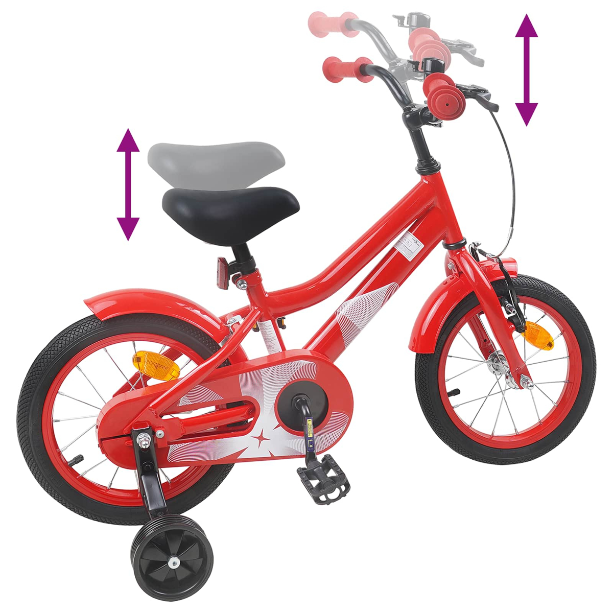 Ein rotes Kinderfahrrad mit Stützrädern und Höhenverstellung für Sattel und Lenker.