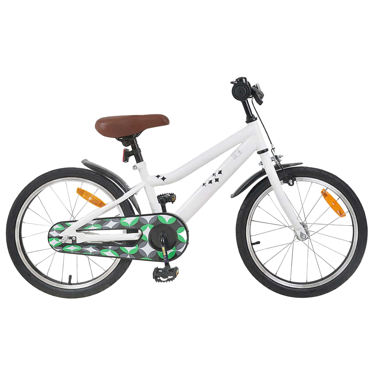Ein weißes Kinderfahrrad mit braunem Sattel und grün-grauem Kettenblattmotiv.