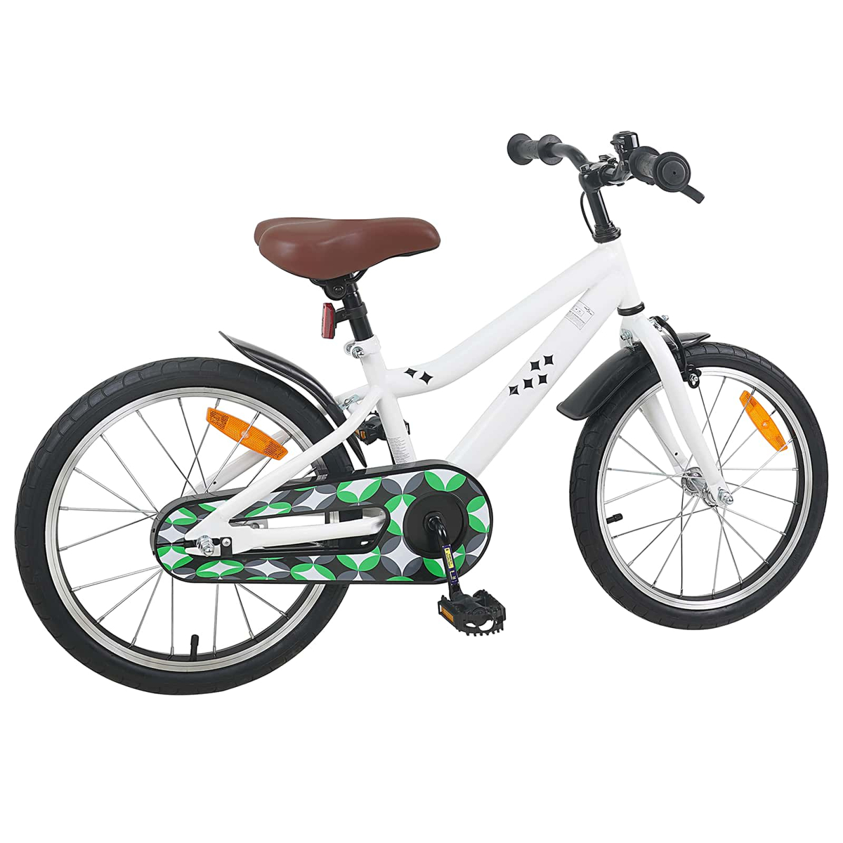 Ein weißes Fahrrad mit braunem Sattel, schwarzen Reifen und grün-grauem Kettenschutz.