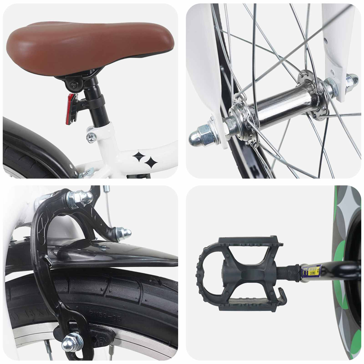Collage zeigt Fahrradteile: Sattel, Vorderradnabe, Bremse und Pedal.