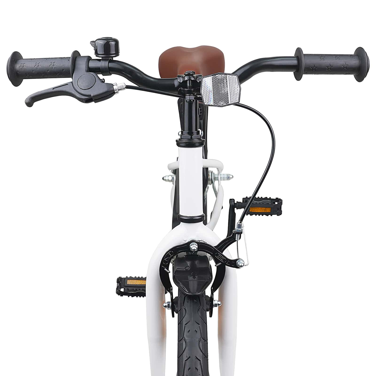Vorderansicht eines weißen Fahrrads mit schwarzem Lenker, braunem Sitz und schwarzen Pedalen.