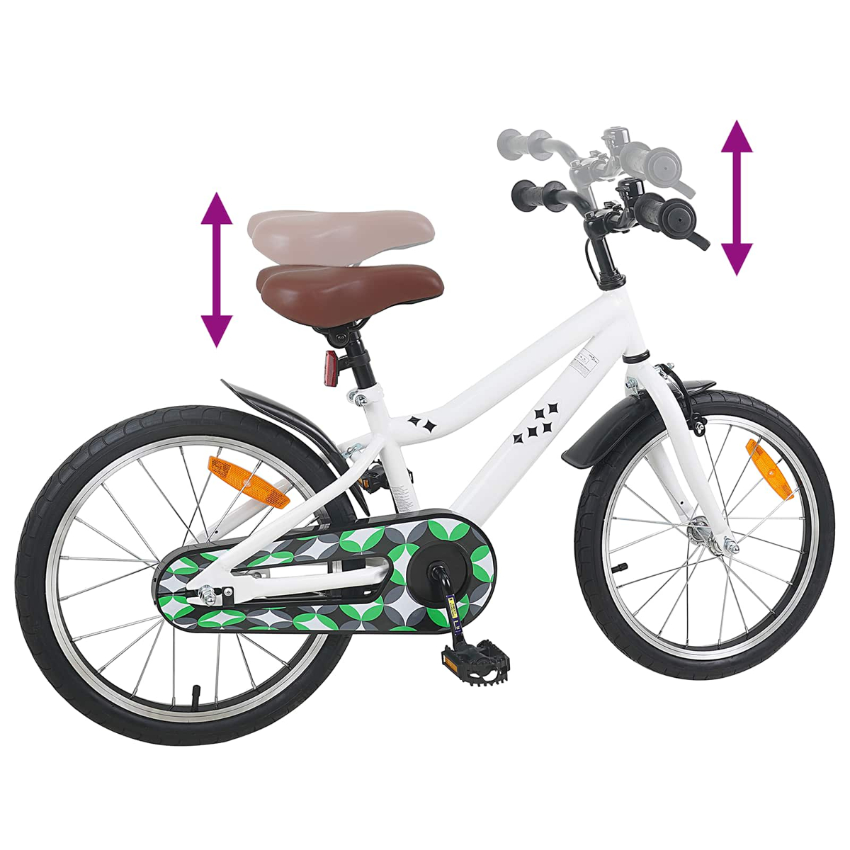 Weißes Kinderfahrrad mit verstellbarer Sitzhöhe und Lenkerhöhe.