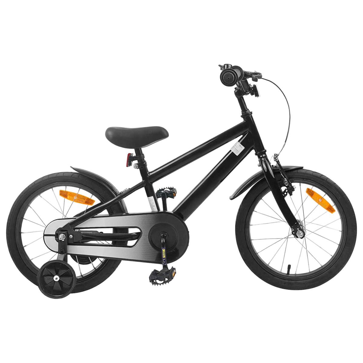 Schwarzes Kinderfahrrad mit Stützrädern, Schutzblechen und Reflektoren.