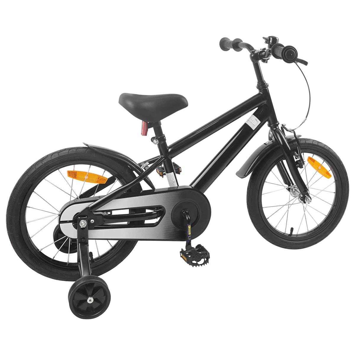 Ein schwarzes Kinderfahrrad mit Stützrädern, Reflektoren und Klingel.