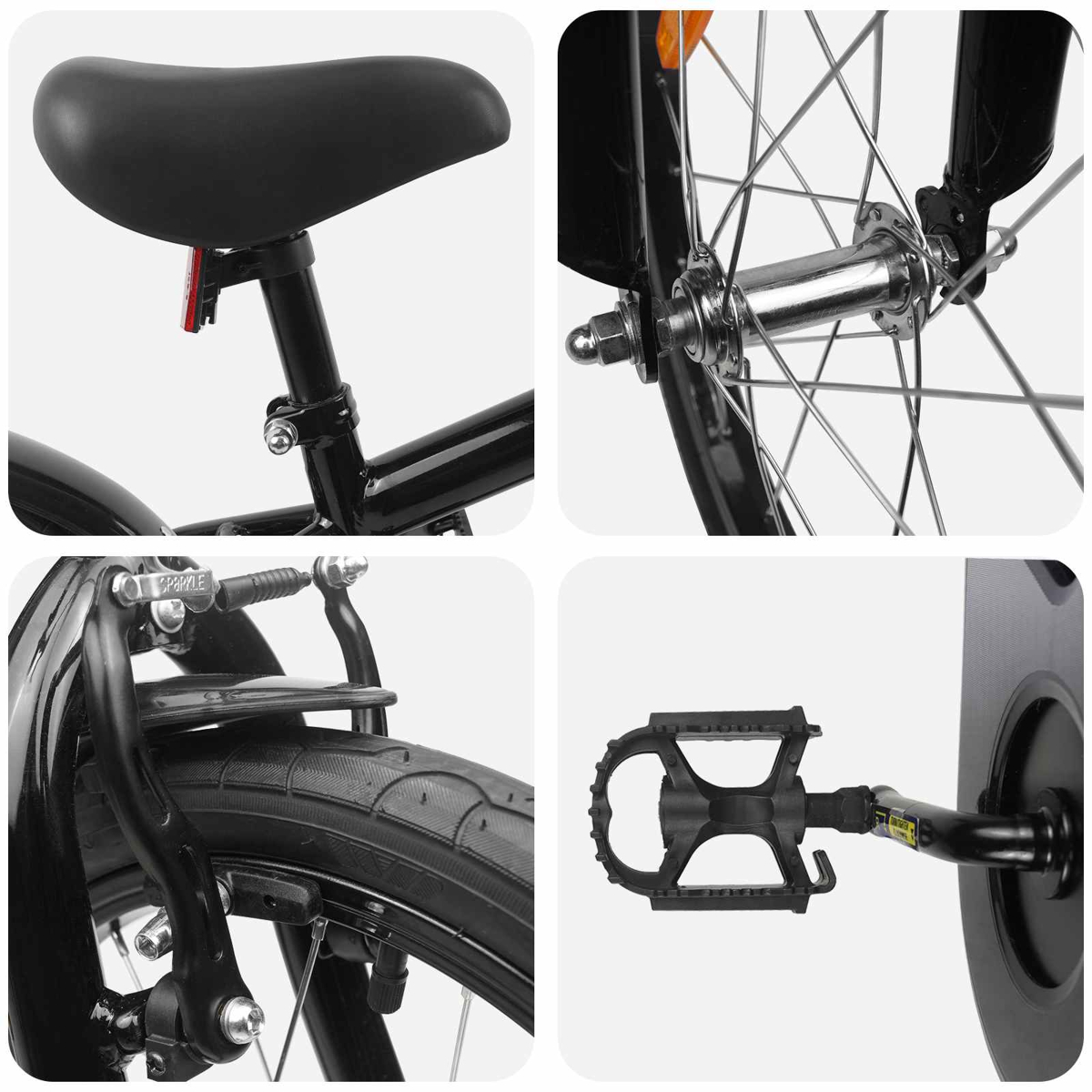 Vier Nahaufnahmen von Fahrradteilen: Sattel, Vorderradnabe, Bremse und Pedal.
