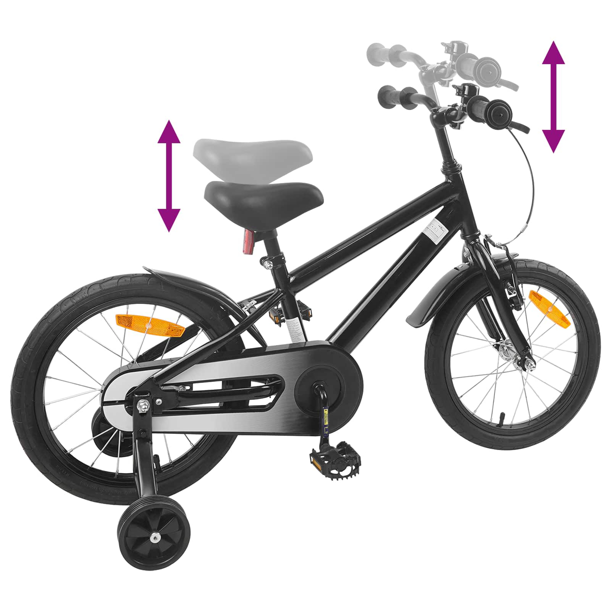 Schwarzes Kinderfahrrad mit Stützrädern und verstellbarem Sattel/Lenker.