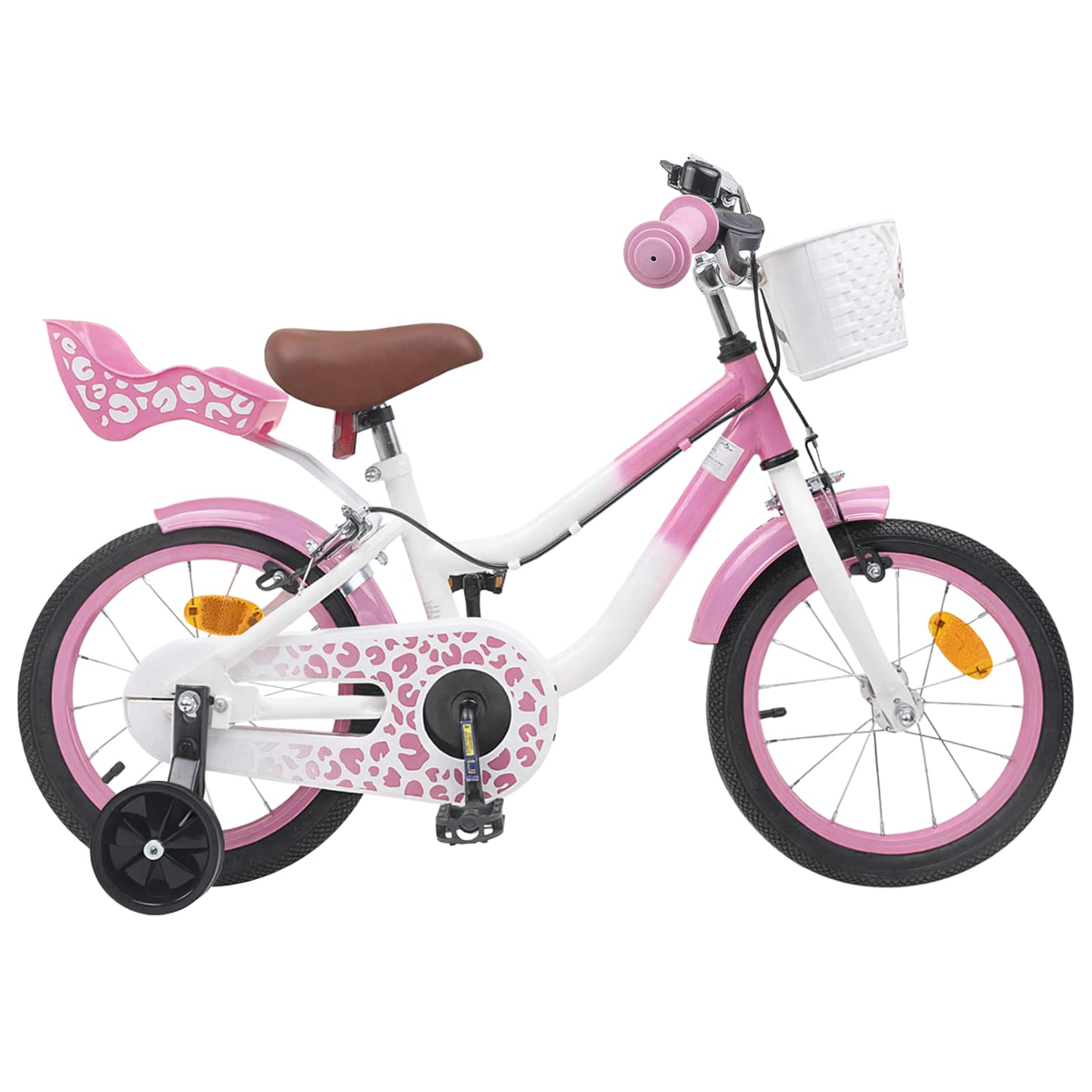 Ein rosa und weißes Kinderfahrrad mit Stützrädern und einem weißen Korb.