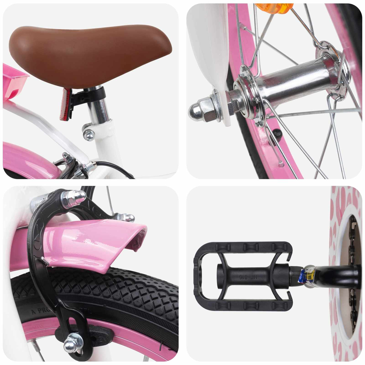 Collage eines pinken Fahrrads: Sattel, Vorderradnabe, Bremse und Pedal.