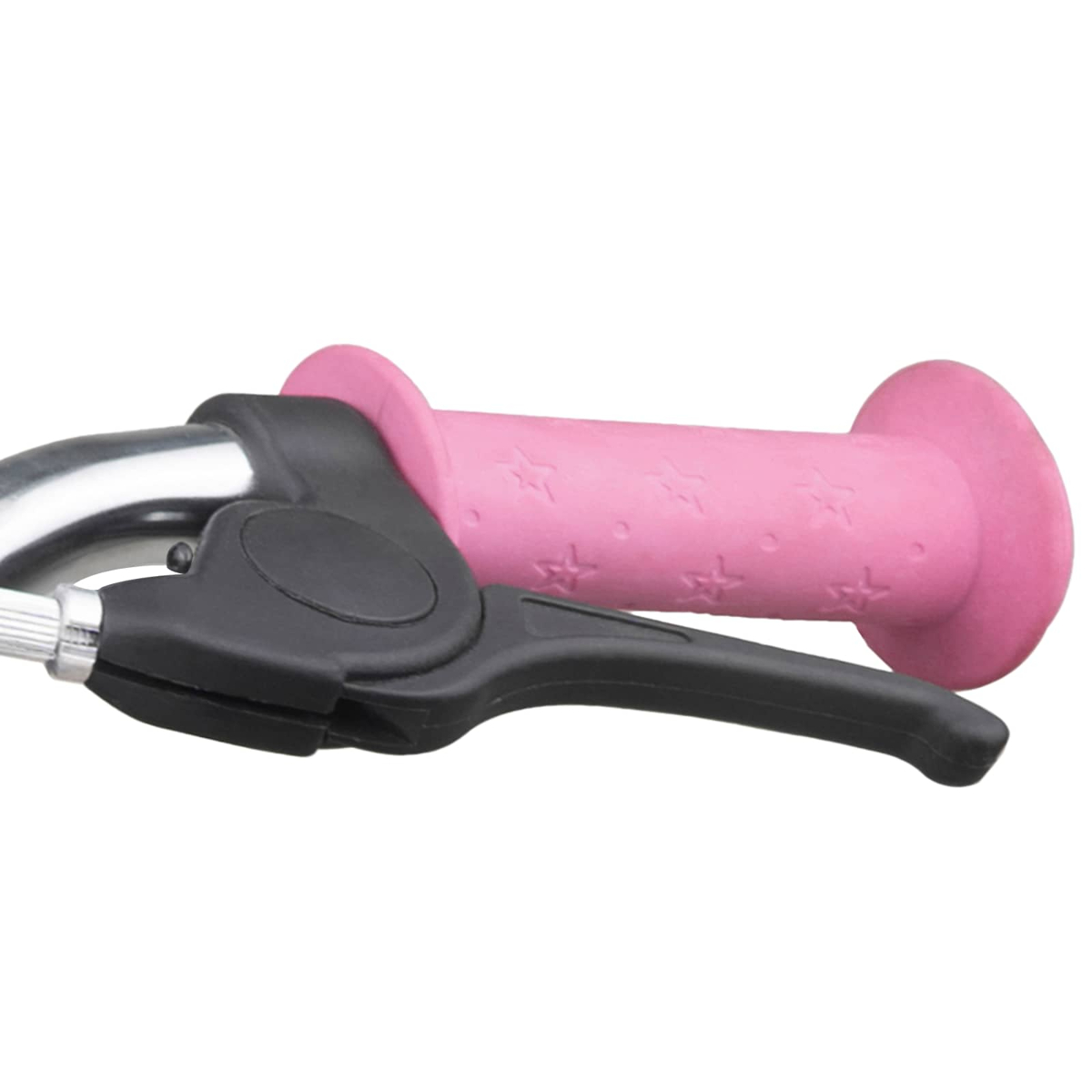 Ein rosa Fahrradgriff mit Sternen und ein schwarzer Bremshebel auf Metallstange.