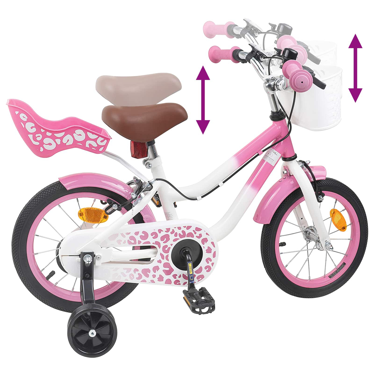 Pinkfarbenes und weißes Kinderfahrrad mit Stützrädern und Leopardenmuster.