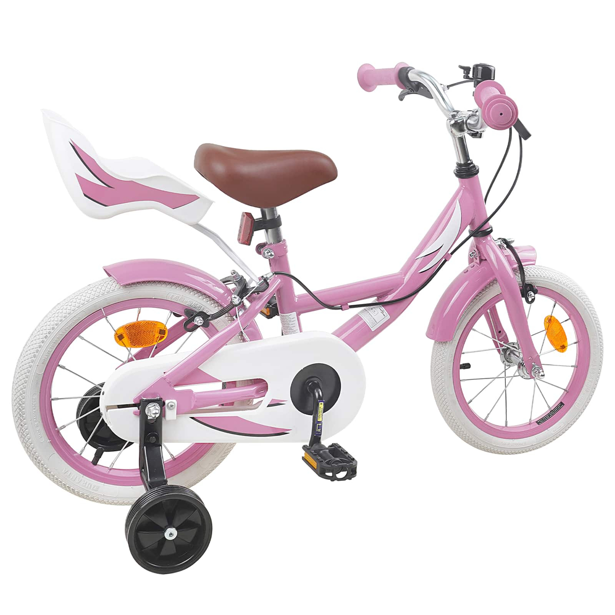 Ein rosa Kinderfahrrad mit Stützrädern, braunem Sattel und weißem Gepäckträger.