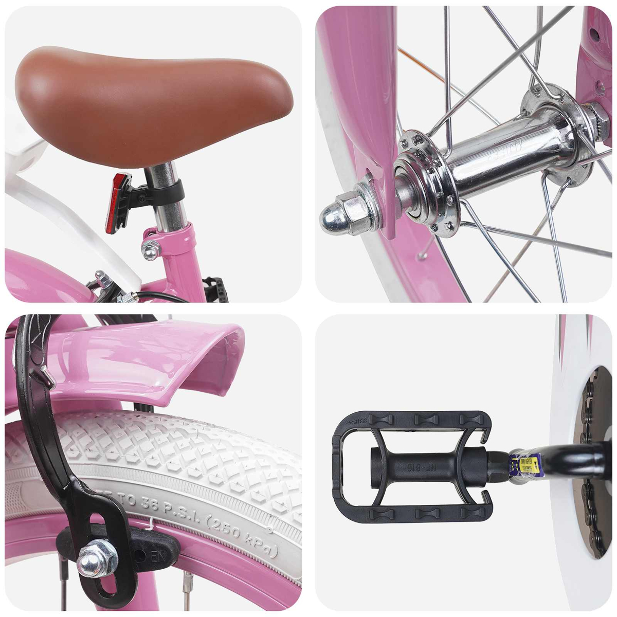 Nahaufnahme eines rosa Fahrrads: Sattel, Vorderradnabe, Schutzblech und Pedal.