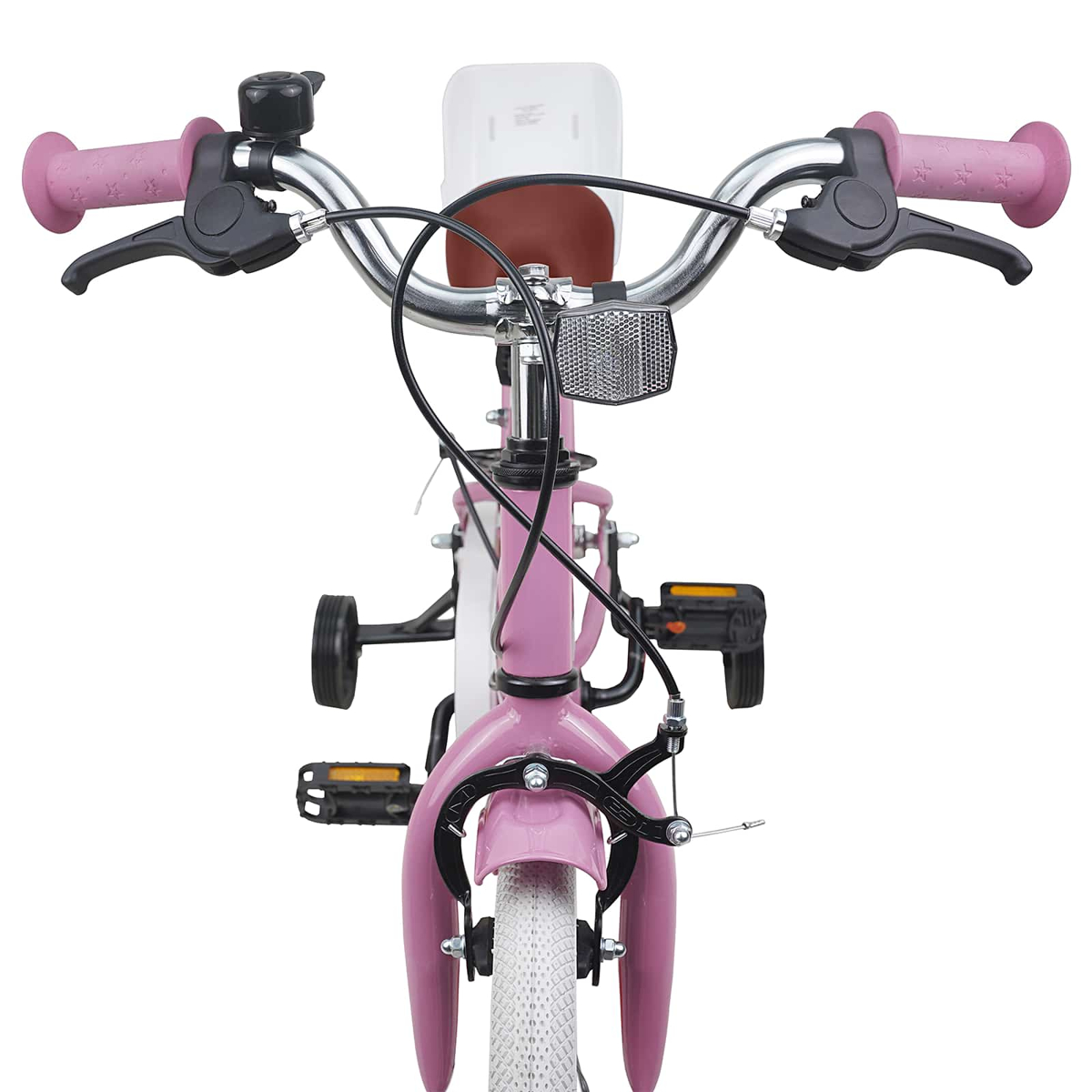 Rosa Kinderfahrrad mit Stützrädern, Lenker mit Klingel, Bremsen und Schutzblech.