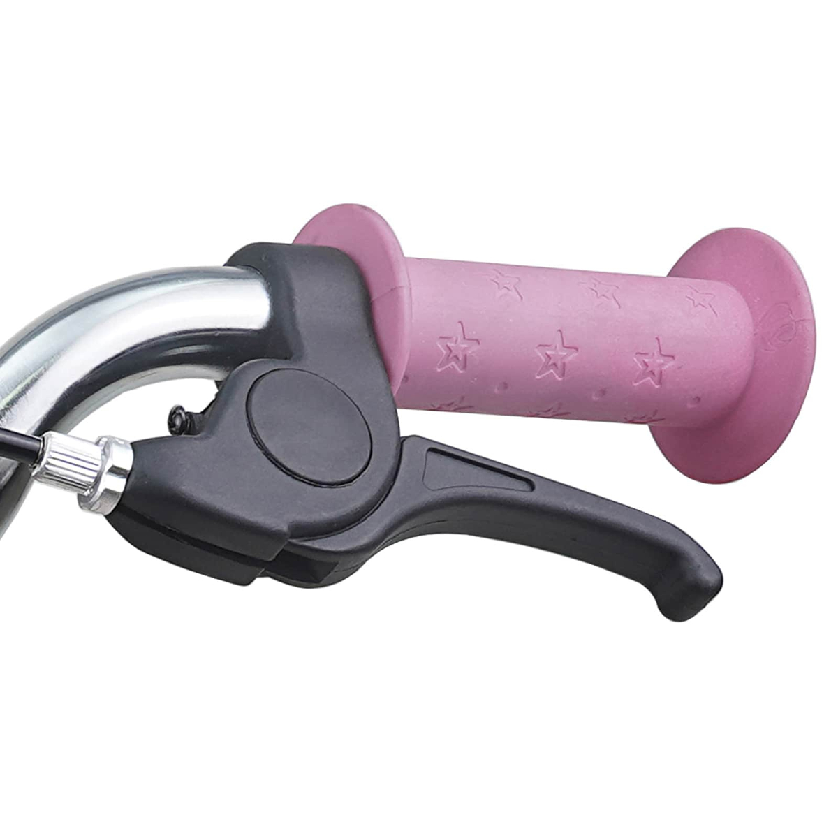 Ein pinker Fahrradgriff mit Sternenmuster und ein schwarzer Bremshebel.