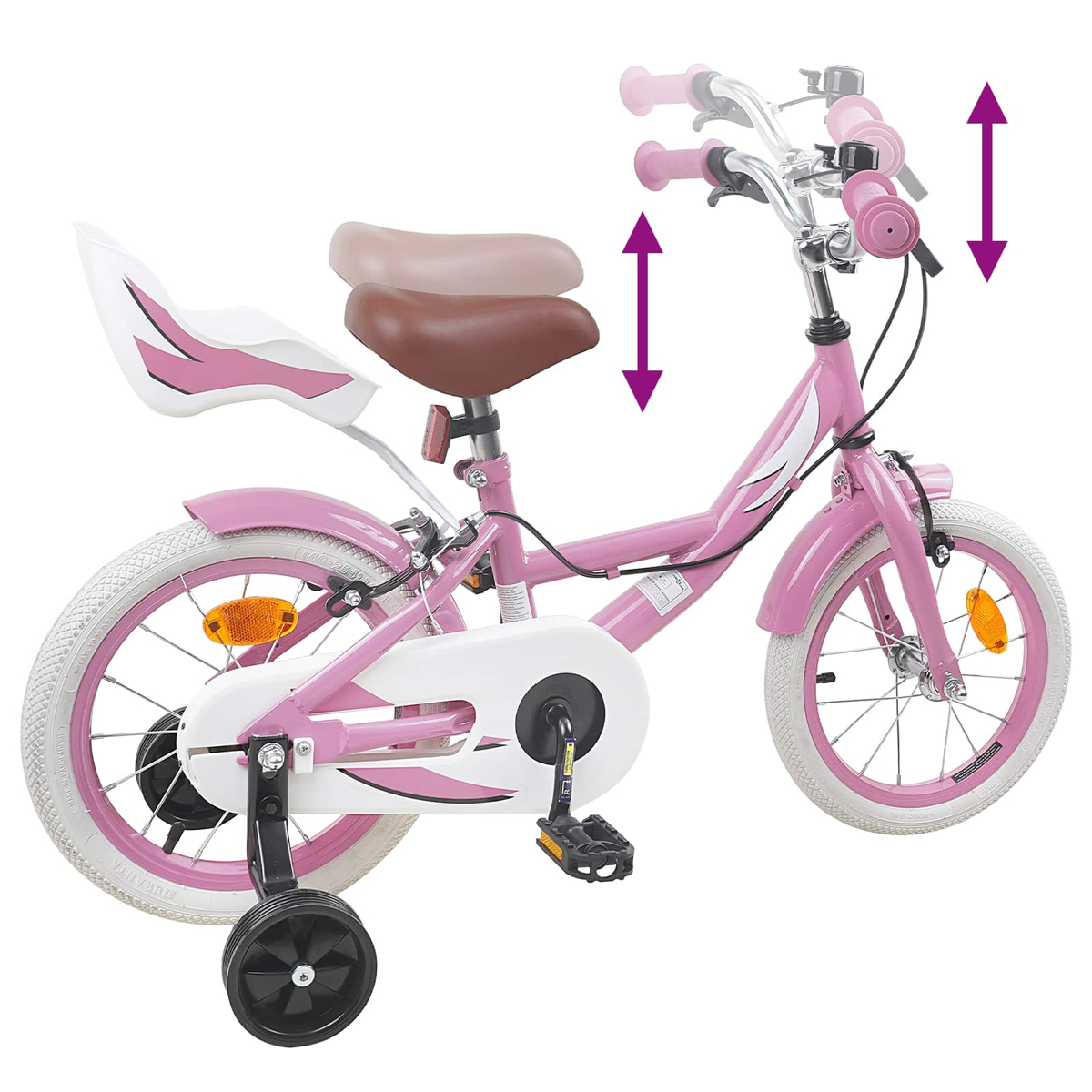 Ein rosafarbenes Kinderfahrrad mit Stützrädern, braunem Sattel und weißem Kettenschutz.