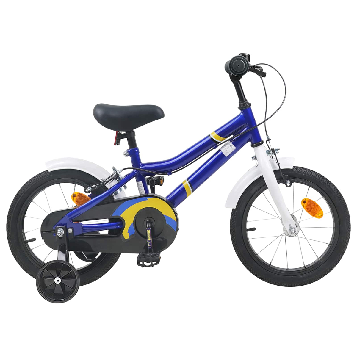 Ein blaues Kinderfahrrad mit Stützrädern, weißen Schutzblechen und gelben Akzenten.