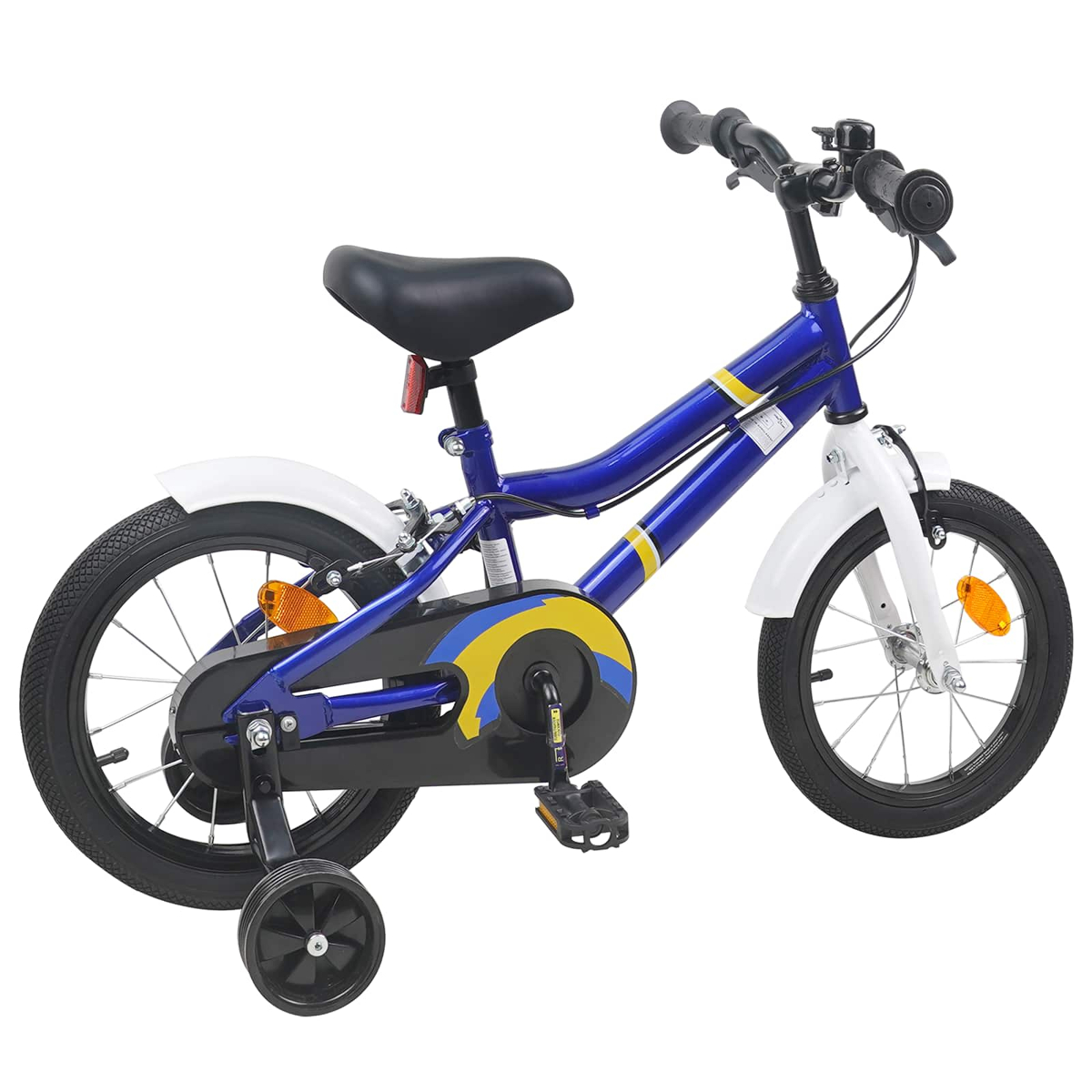 Ein blaues Kinderfahrrad mit Stützrädern, weißem Schutzblech und gelben Akzenten.