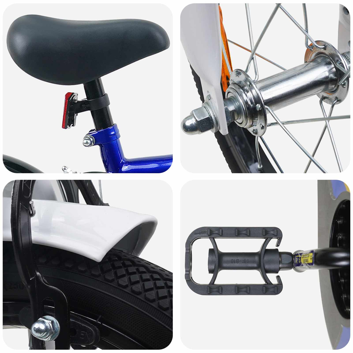 Detailansichten eines Fahrrads: Sattel, Vorderradnabe, Schutzblech und Pedal.