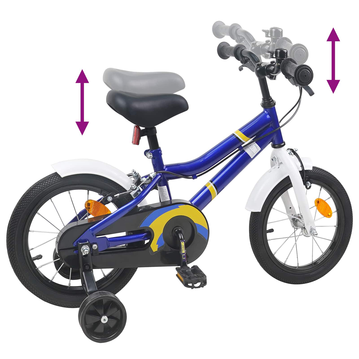 Blaues Kinderfahrrad mit Stützrädern, verstellbarem Sattel und Lenker.