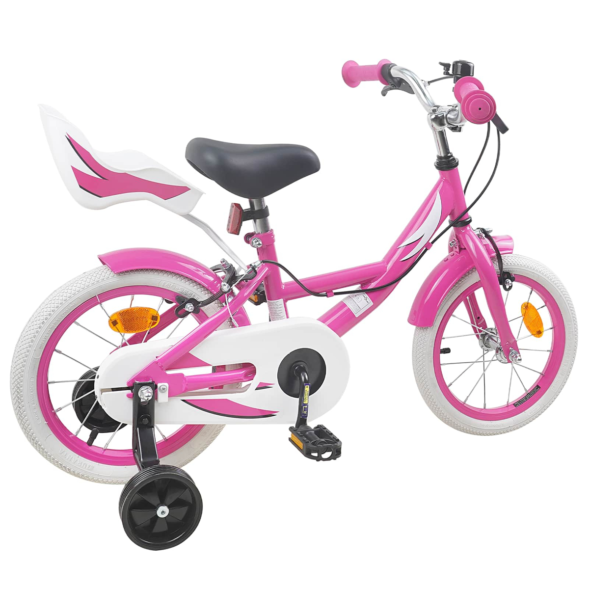 Ein pinkes Kinderfahrrad mit Stützrädern, weißem Gepäckträger und weißen Reifen.