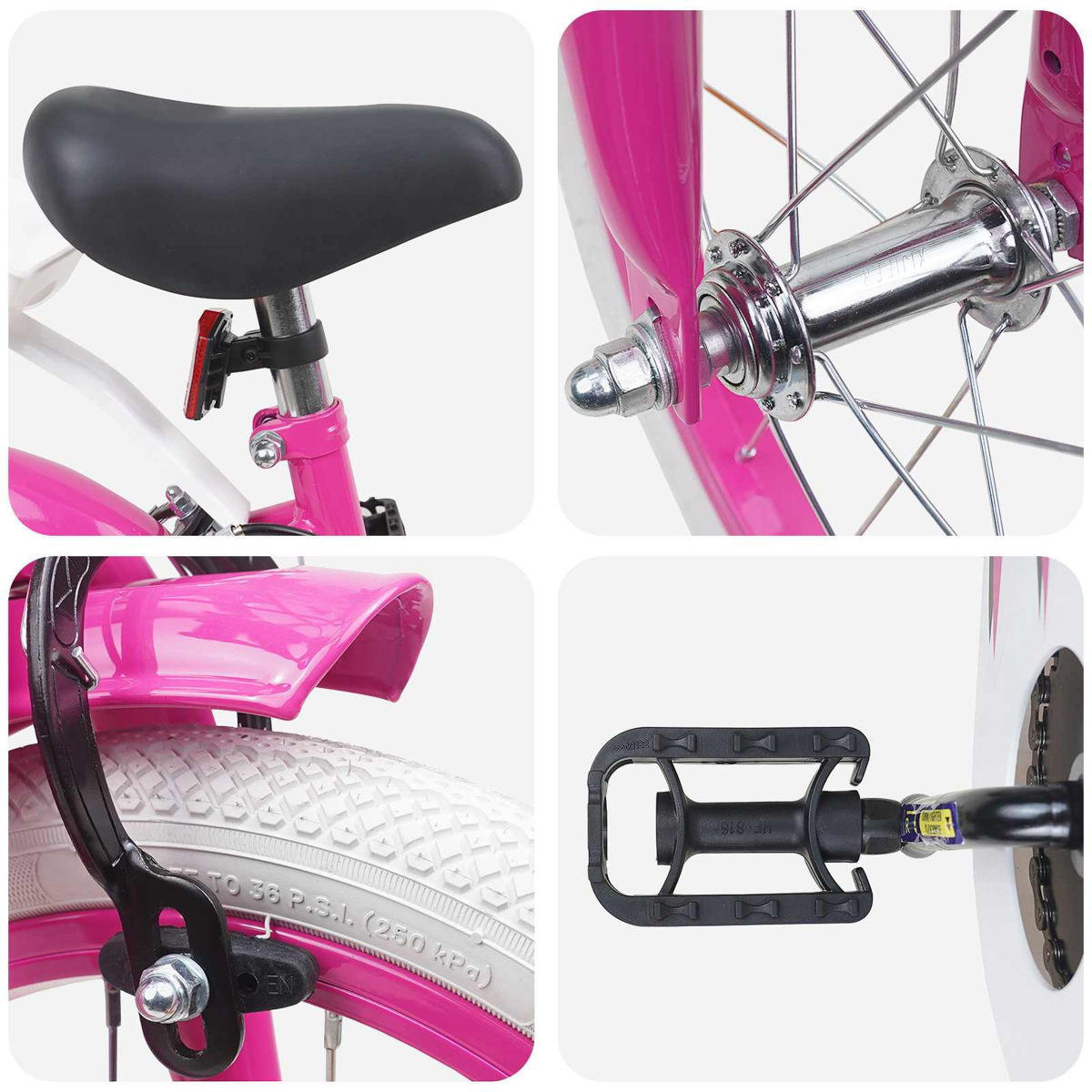 Vier Bilder einer rosafarbenen Kinderfahrrads: Sattel, Vorderradnabe, Hinterradbremse und Pedal.