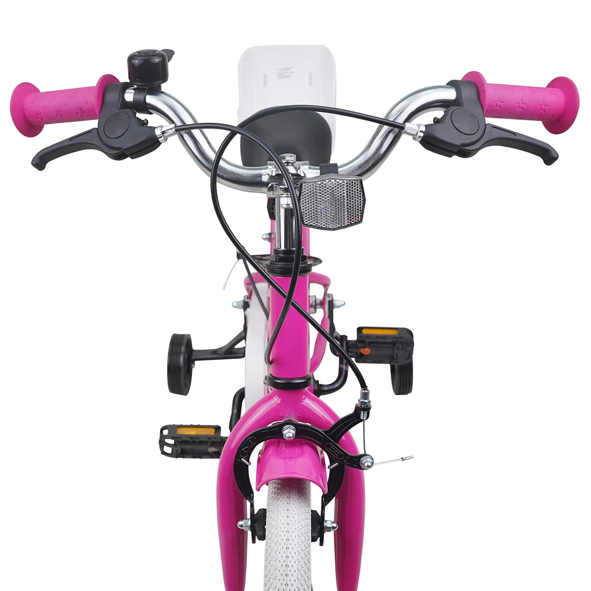 Ein pinkes Kinderfahrrad mit Stützrädern und Sternengriffen.