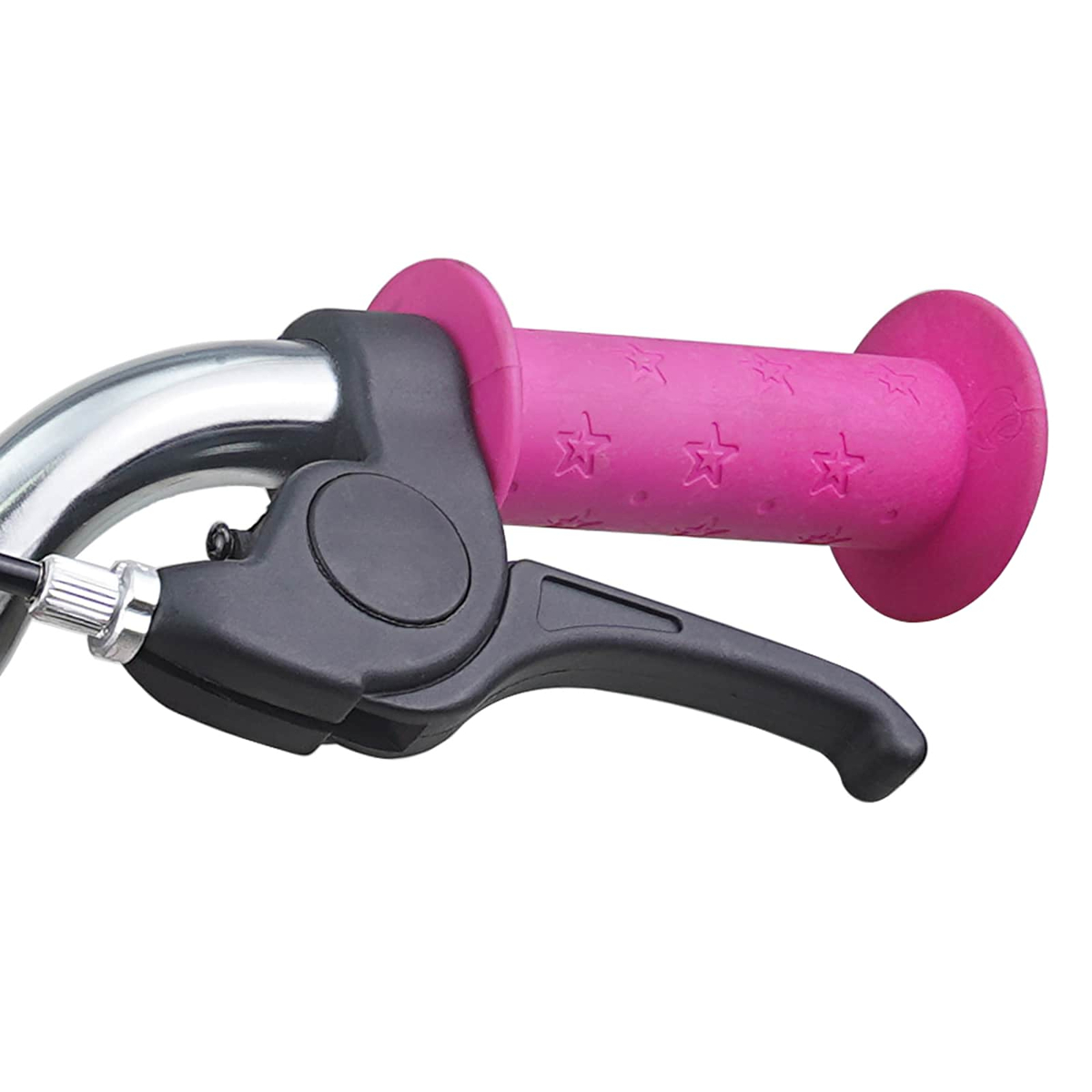Ein pinker Fahrradgriff mit Sternen und ein schwarzer Bremshebel an einem Chromlenker.