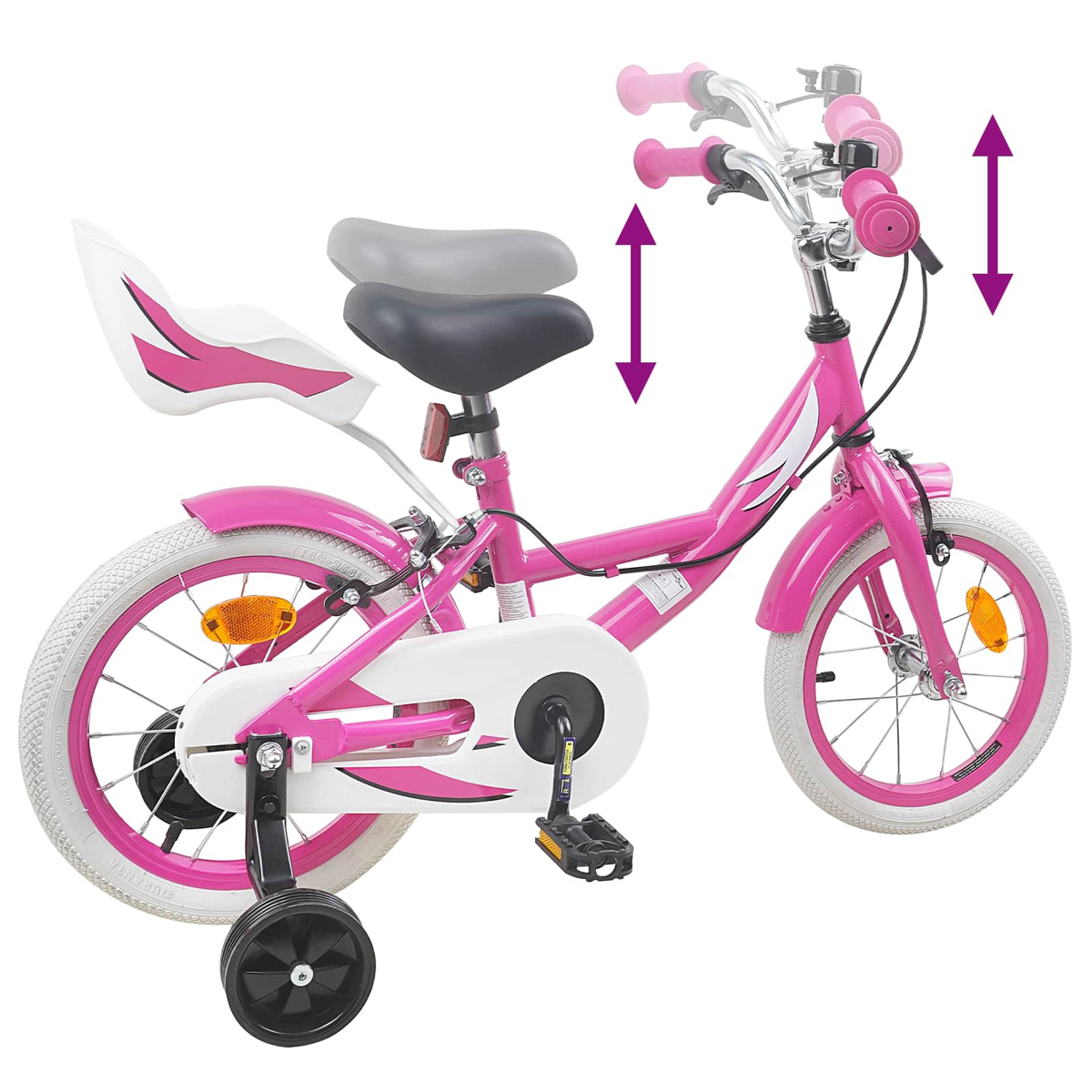 Ein rosafarbenes Kinderfahrrad mit Stützrädern und verstellbaren Sattel und Lenker.