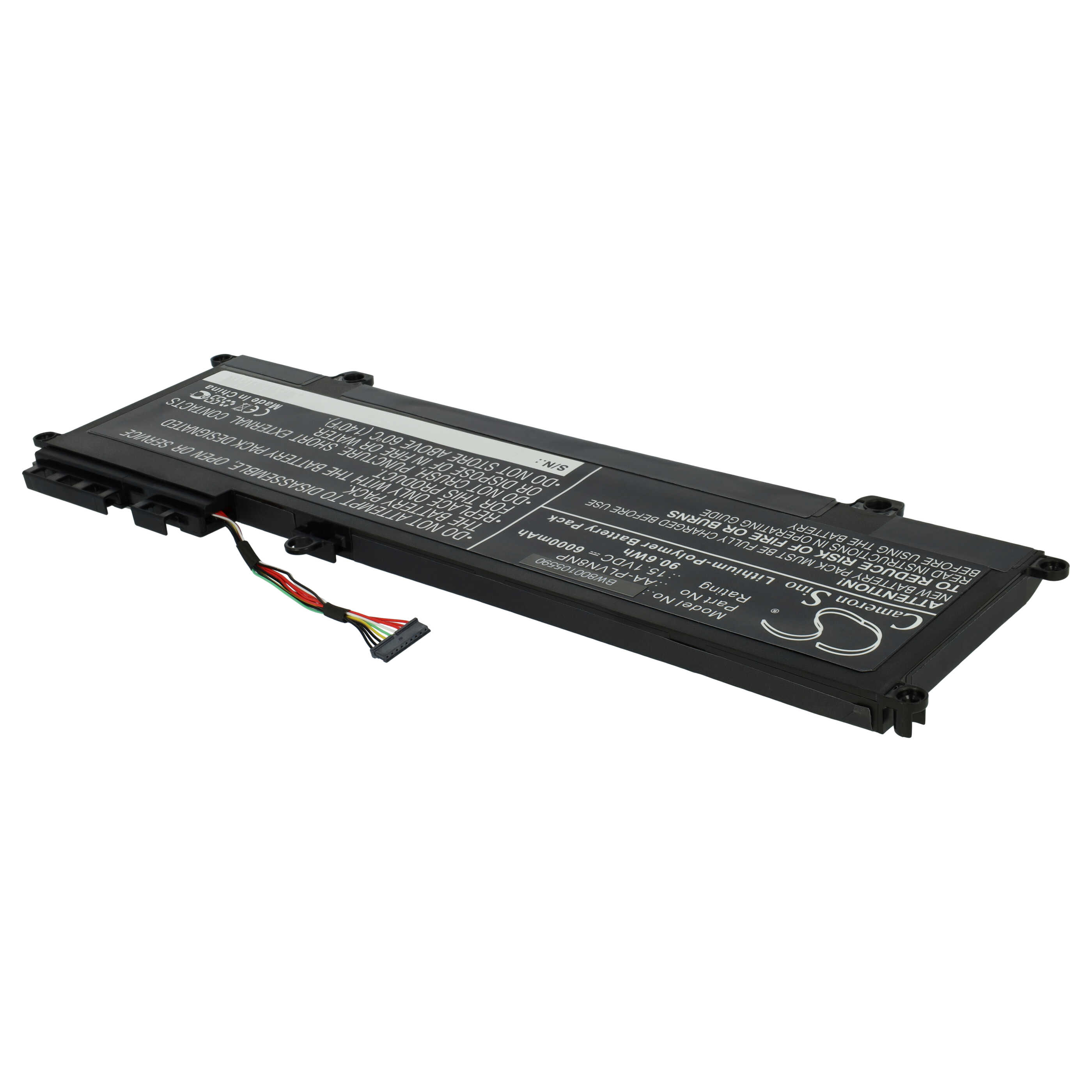 Schwarzer Laptop-Akku mit Kabeln. Beschriftung mit Warnhinweisen und Modellnummer.
