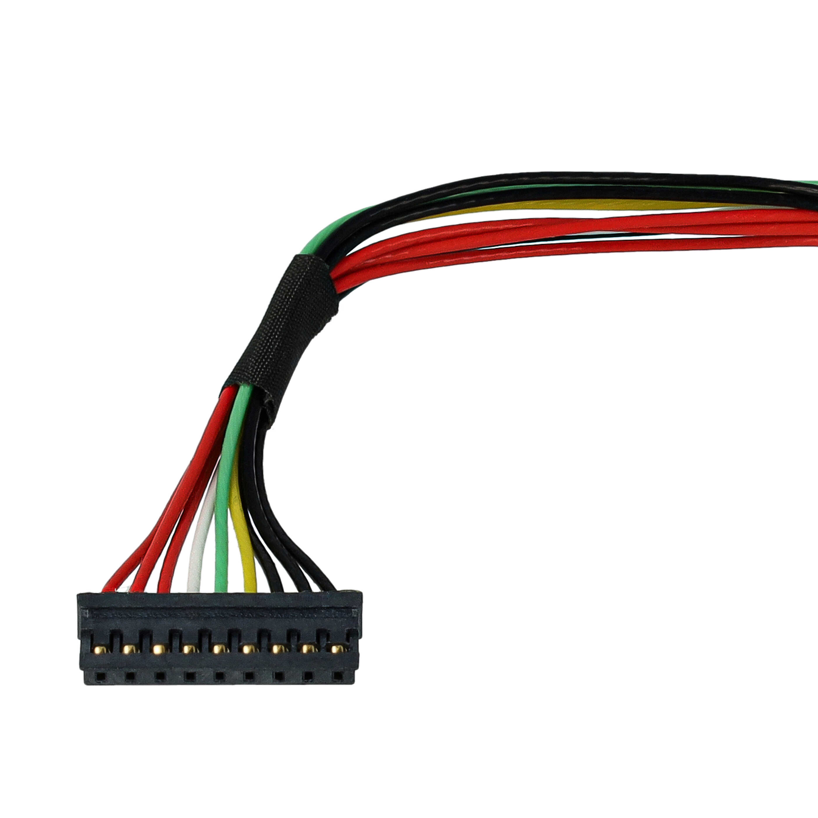 Ein schwarzer Stecker mit bunten Kabeln: Rot, Grün, Gelb, Weiß und Schwarz.