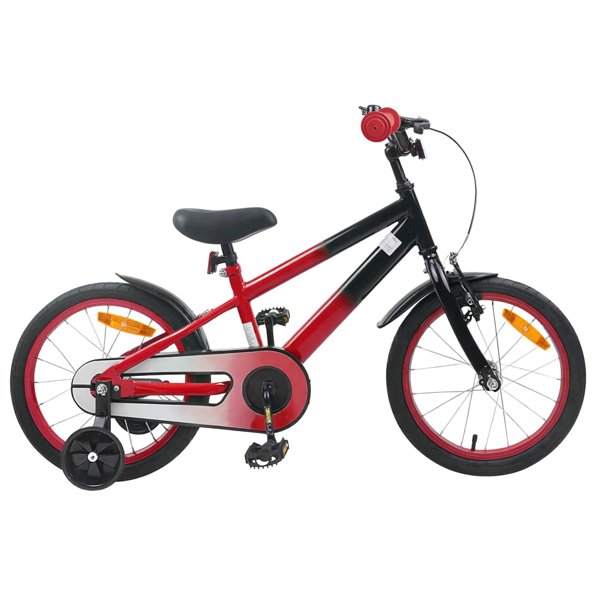 Ein rotes und schwarzes Kinderfahrrad mit Stützrädern.