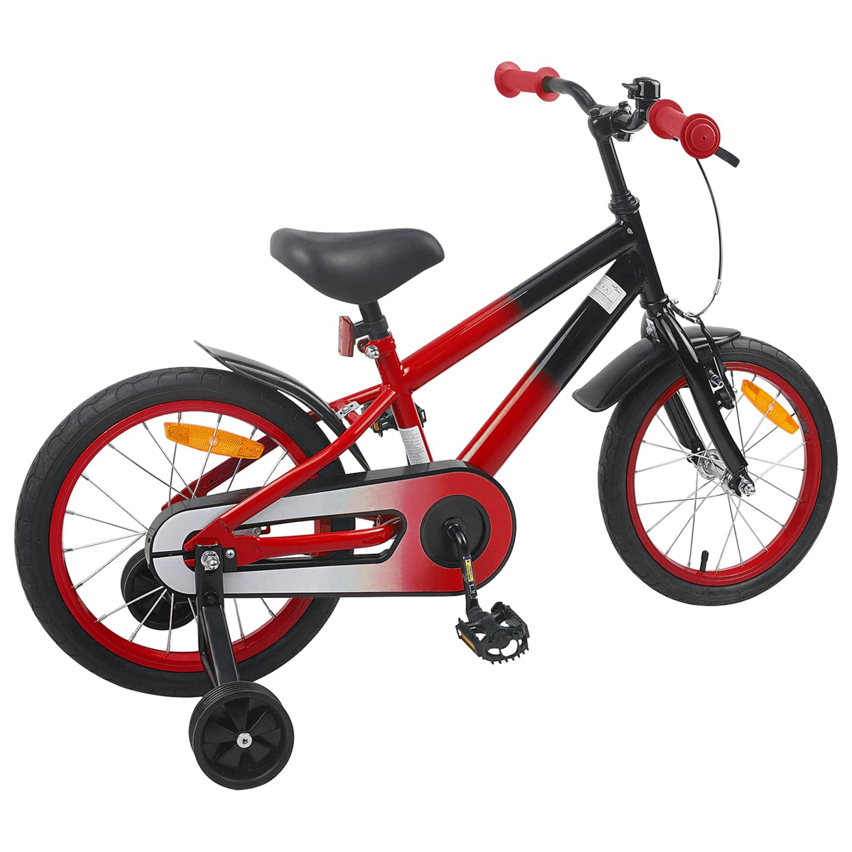 Ein rotes und schwarzes Kinderfahrrad mit Stützrädern und roten Griffen.