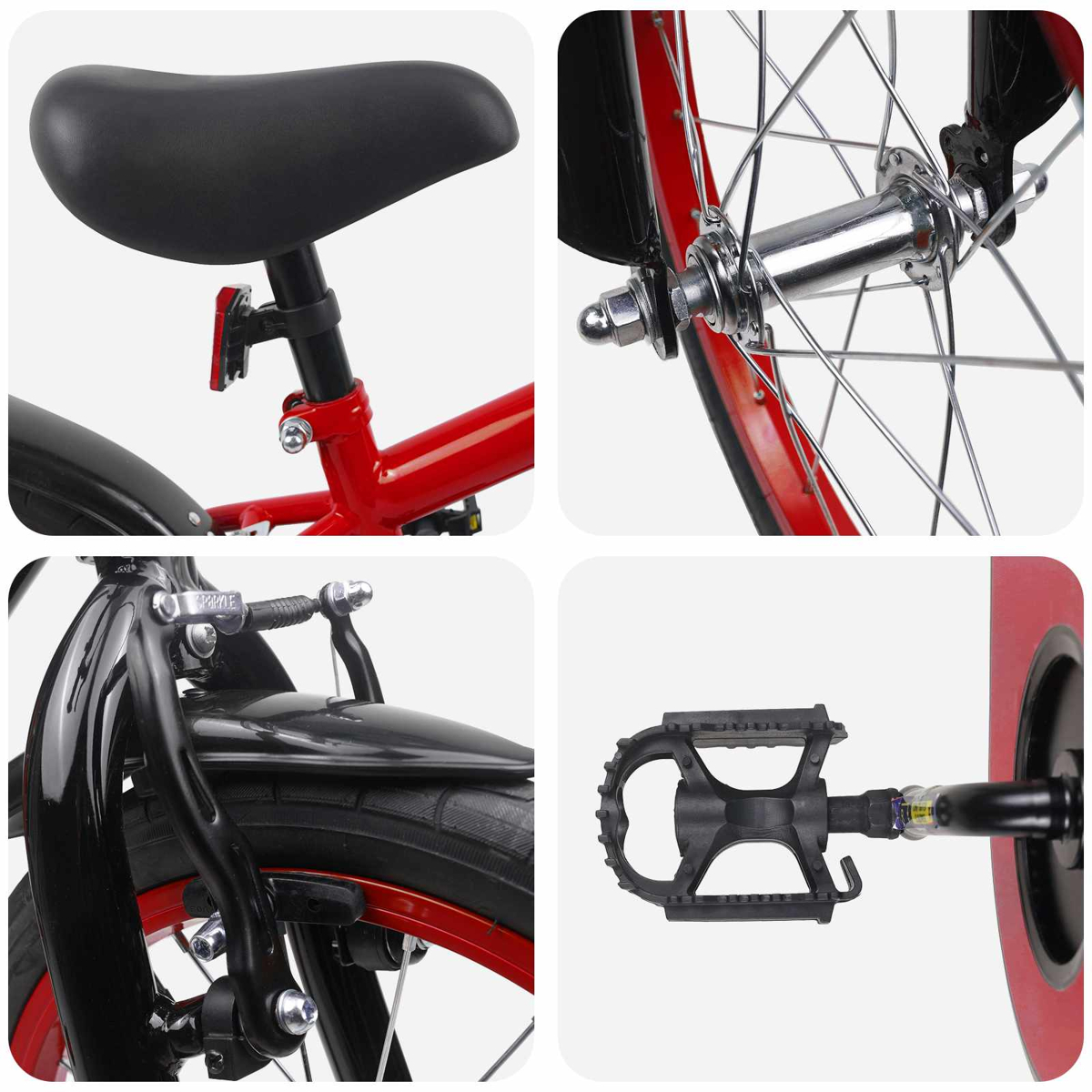 Vier Nahaufnahmen von Fahrradteilen: Sattel, Vorderradnabe, Bremse und Pedal.