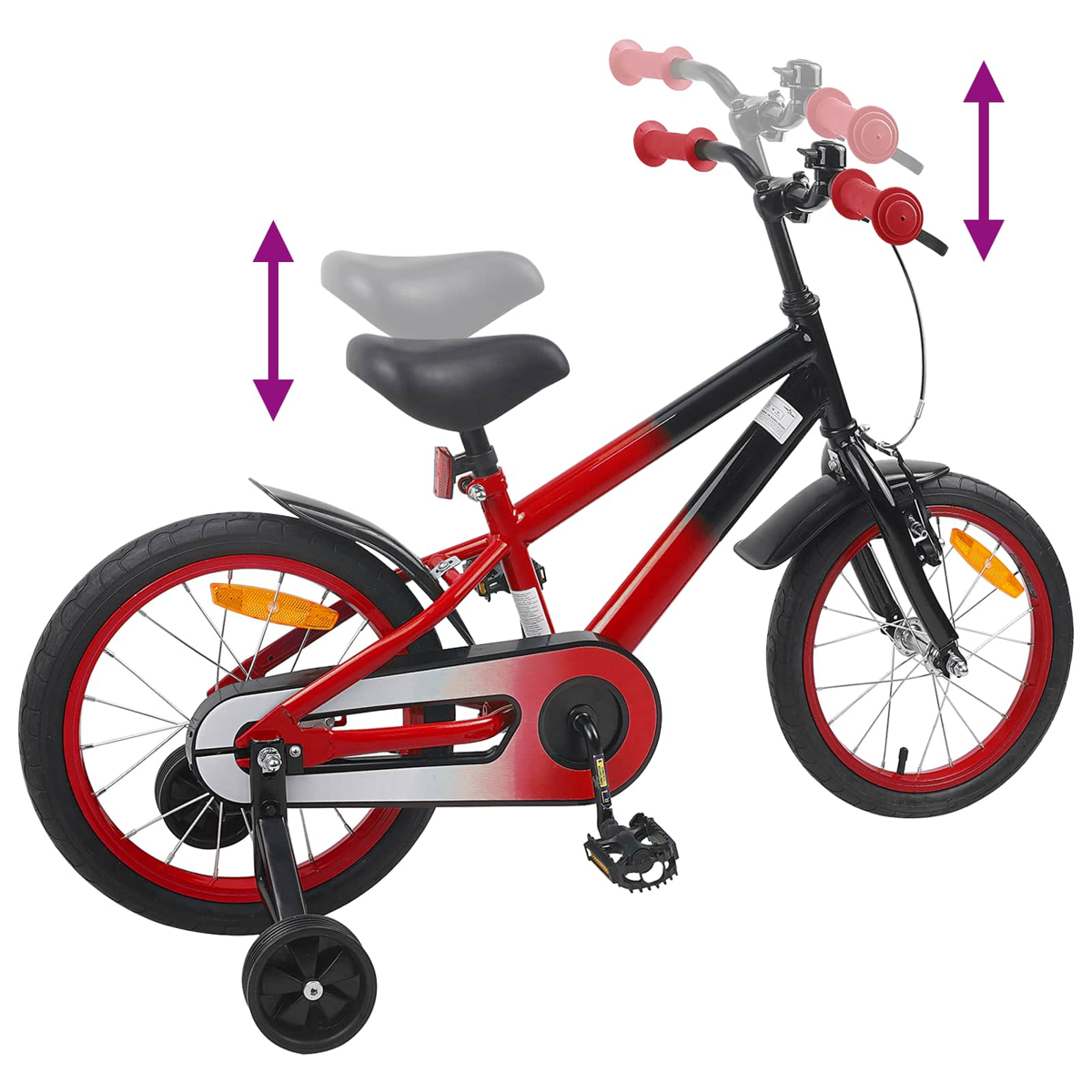 Ein rotes und schwarzes Kinderfahrrad mit Stützrädern und Höhenverstell-Anzeigen.
