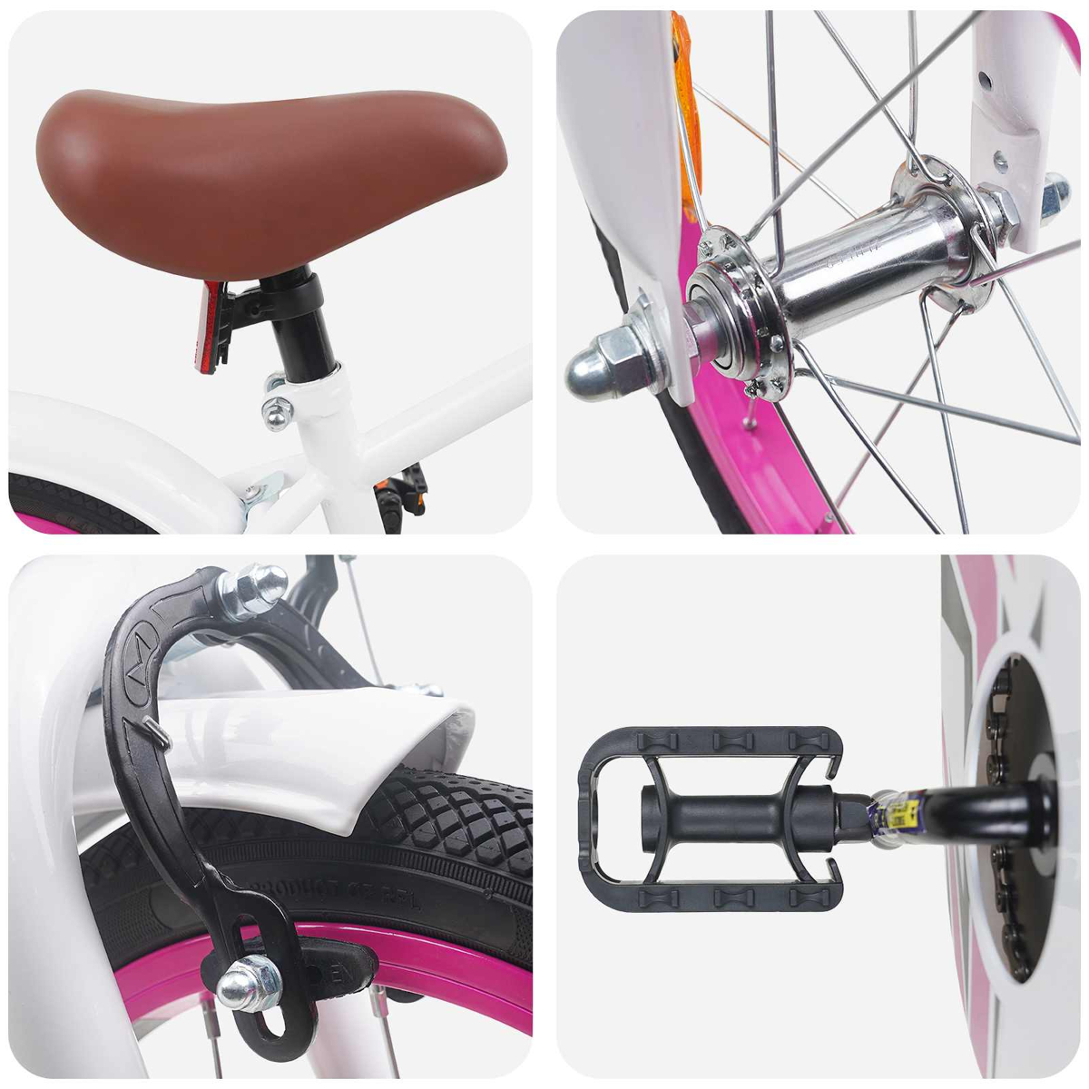 Details eines Kinderfahrrads: Sattel, Vorderradnabe, Bremse und Pedal.