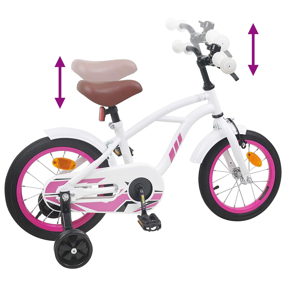 Weißes Kinderfahrrad mit rosa Akzenten. Verstellbare Sitz- und Lenkerhöhe.