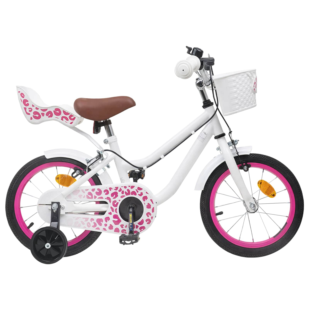 Ein weißes Kinderfahrrad mit pinken Akzenten, Stützrädern und einem Korb.