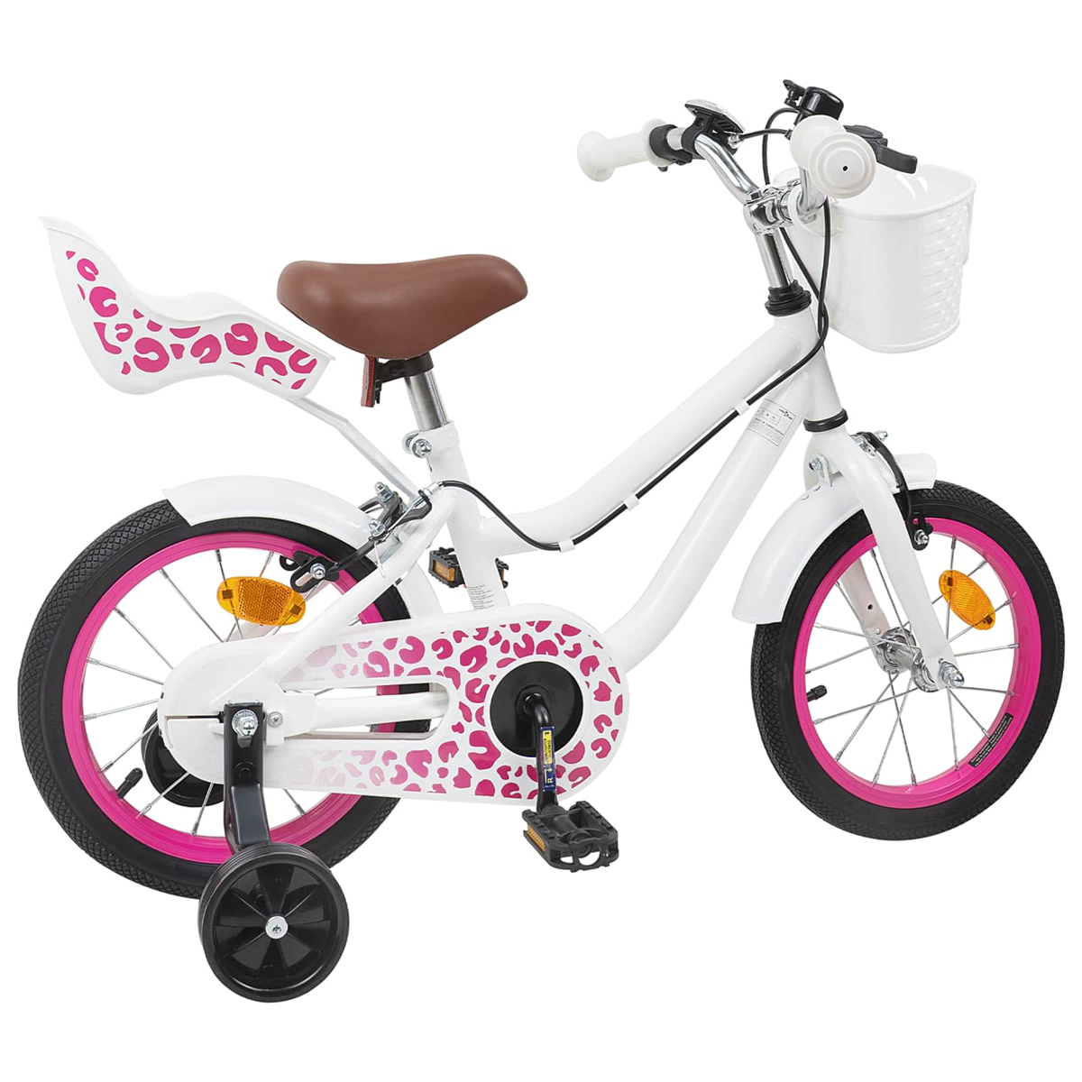 Ein weißes Kinderfahrrad mit rosa Leopardenmuster, Stützrädern und einem weißen Korb.