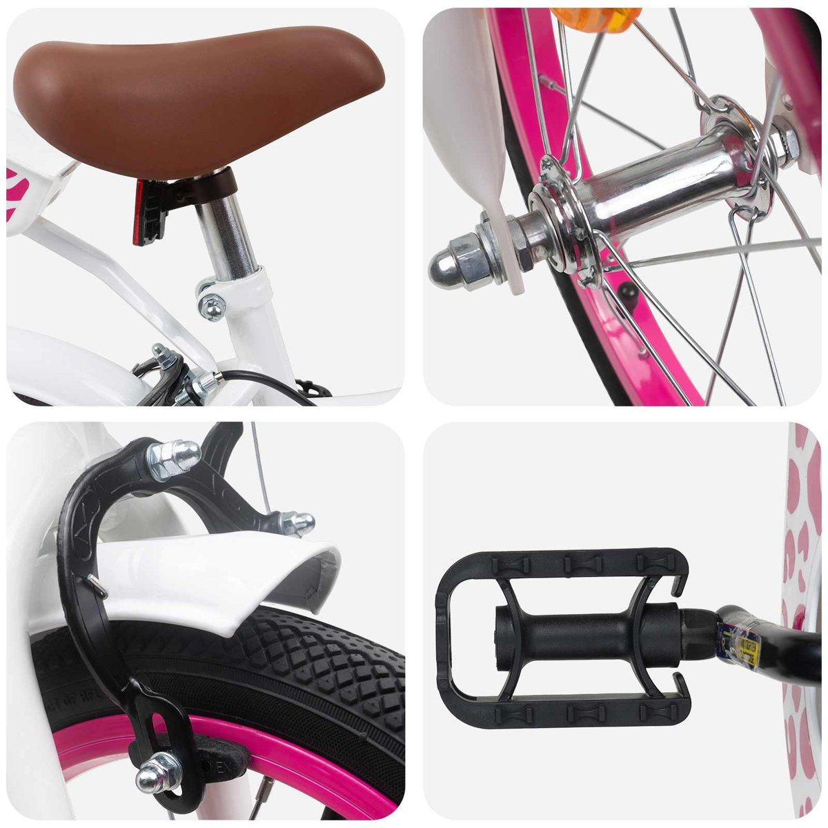 Details eines weißen Fahrrads mit braunem Sattel, rosa Felgen und schwarzem Pedal.