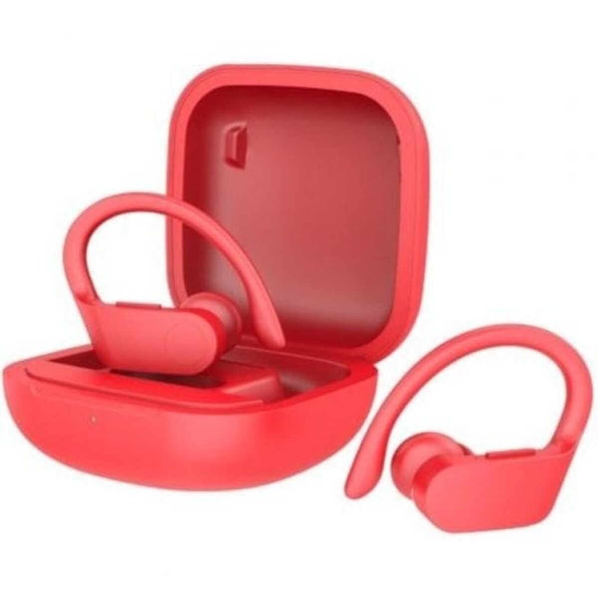 Auricolari wireless rossi con custodia di ricarica, un auricolare nella custodia, uno accanto.