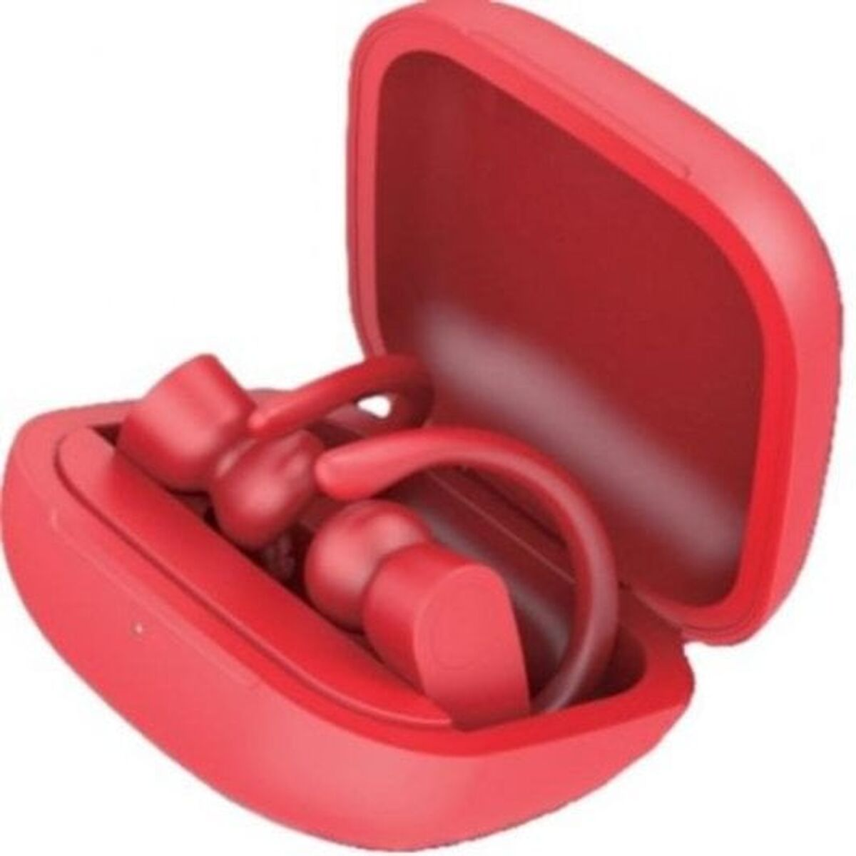 Auricolari wireless rossi all'interno della loro custodia di ricarica aperta.