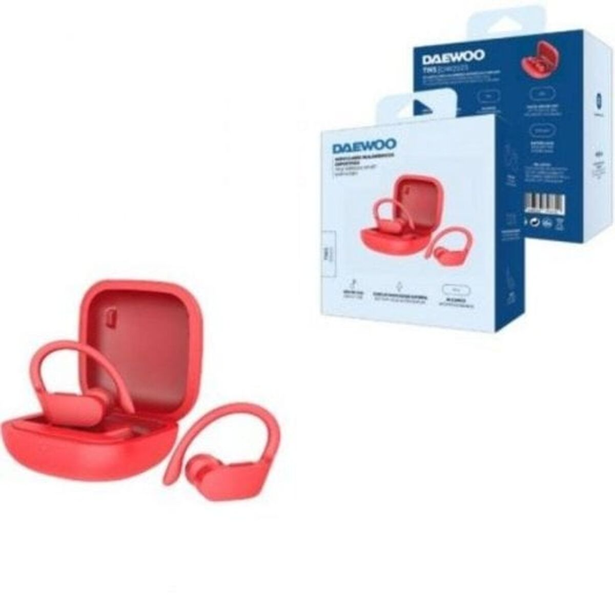 Auricolari Daewoo rossi con custodia di ricarica e confezione.