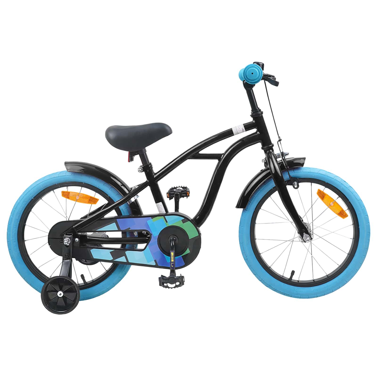 Ein schwarzes Kinderfahrrad mit blauen Reifen und Stützrädern.