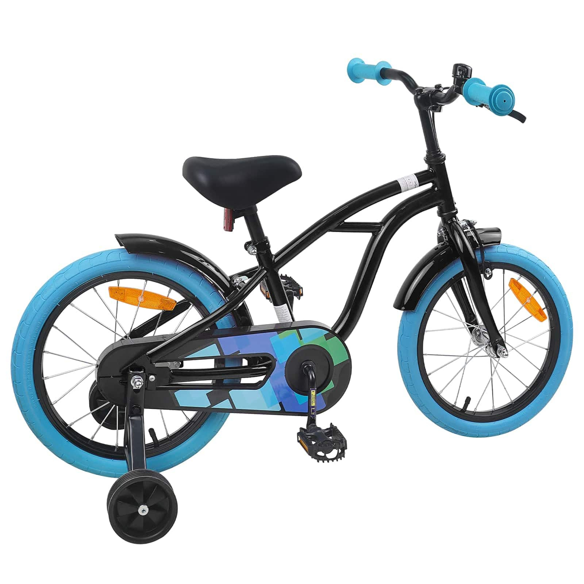 Schwarzes Kinderfahrrad mit blauen Reifen, Stützrädern und bunten Akzenten.