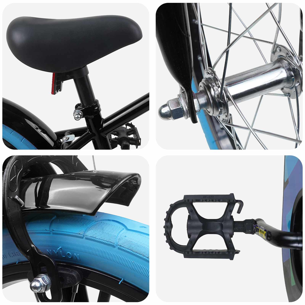 Nahaufnahmen von einem schwarzen Fahrrad: Sattel, Vorderradnabe, Schutzblech mit blauem Reifen, Pedal.