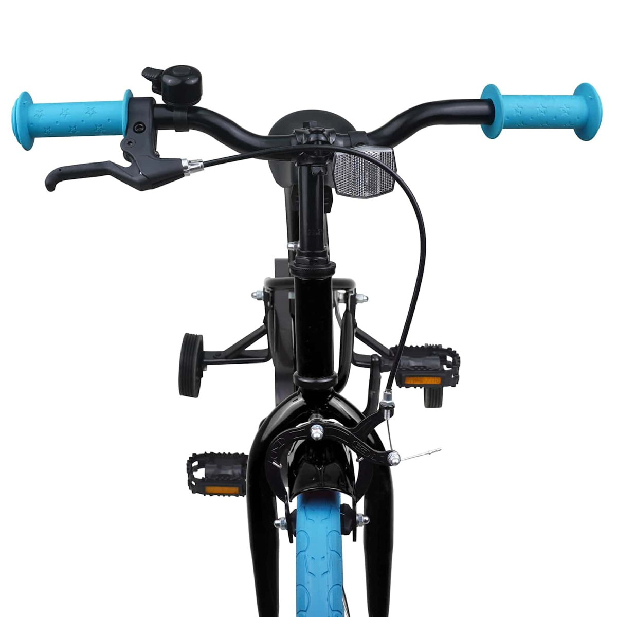 Schwarzer Fahrradlenker mit blauen Sternengriffen, Klingel und Bremshebeln. Stützräder sichtbar.