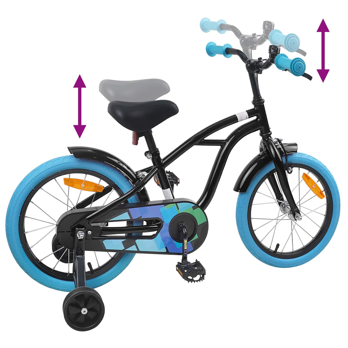 Ein schwarzes Kinderfahrrad mit blauen Reifen und Stützrädern.