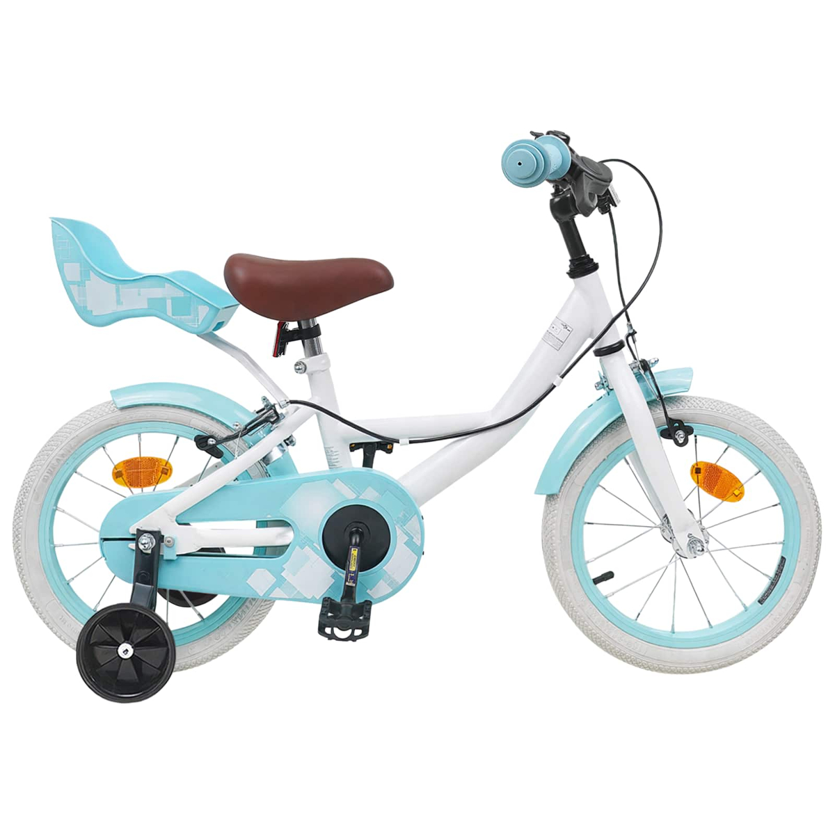 Ein weißes Kinderfahrrad mit blauen Akzenten, Stützrädern und einem braunen Sattel.