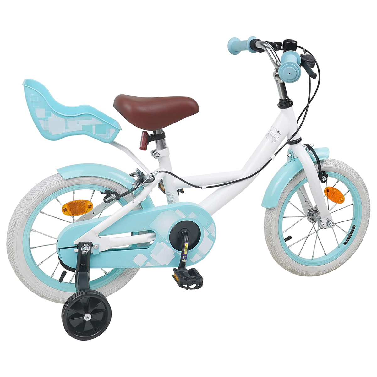 Ein weißes und hellblaues Kinderfahrrad mit Stützrädern und braunem Sattel.