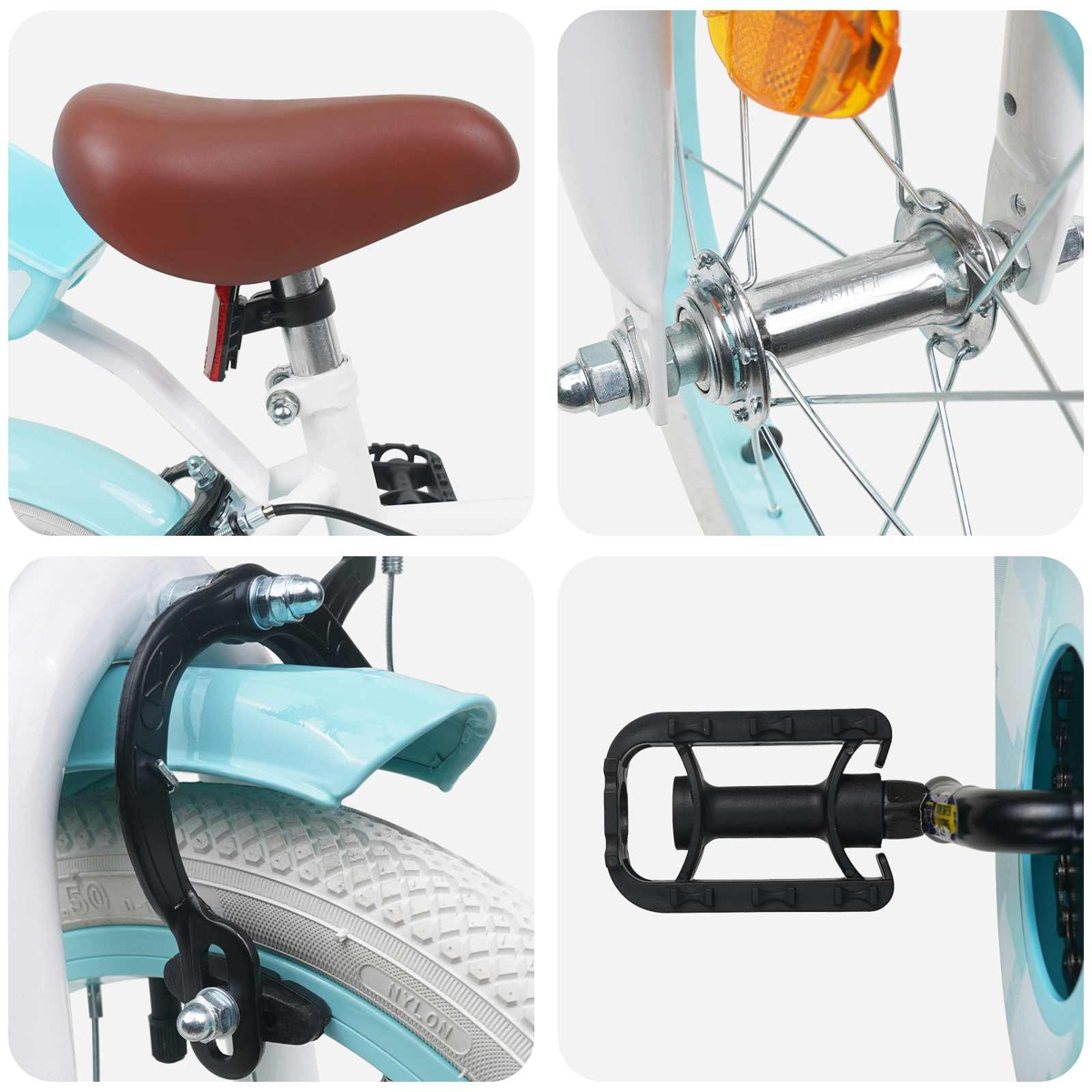 Nahaufnahmen eines blauen Kinderfahrrads: Sattel, Vorderradnabe, Bremse und Pedal.